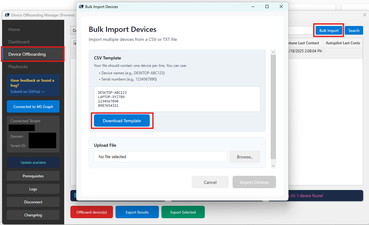Device Offboarding Manager Bulk Import Devices dialog with a CSV template