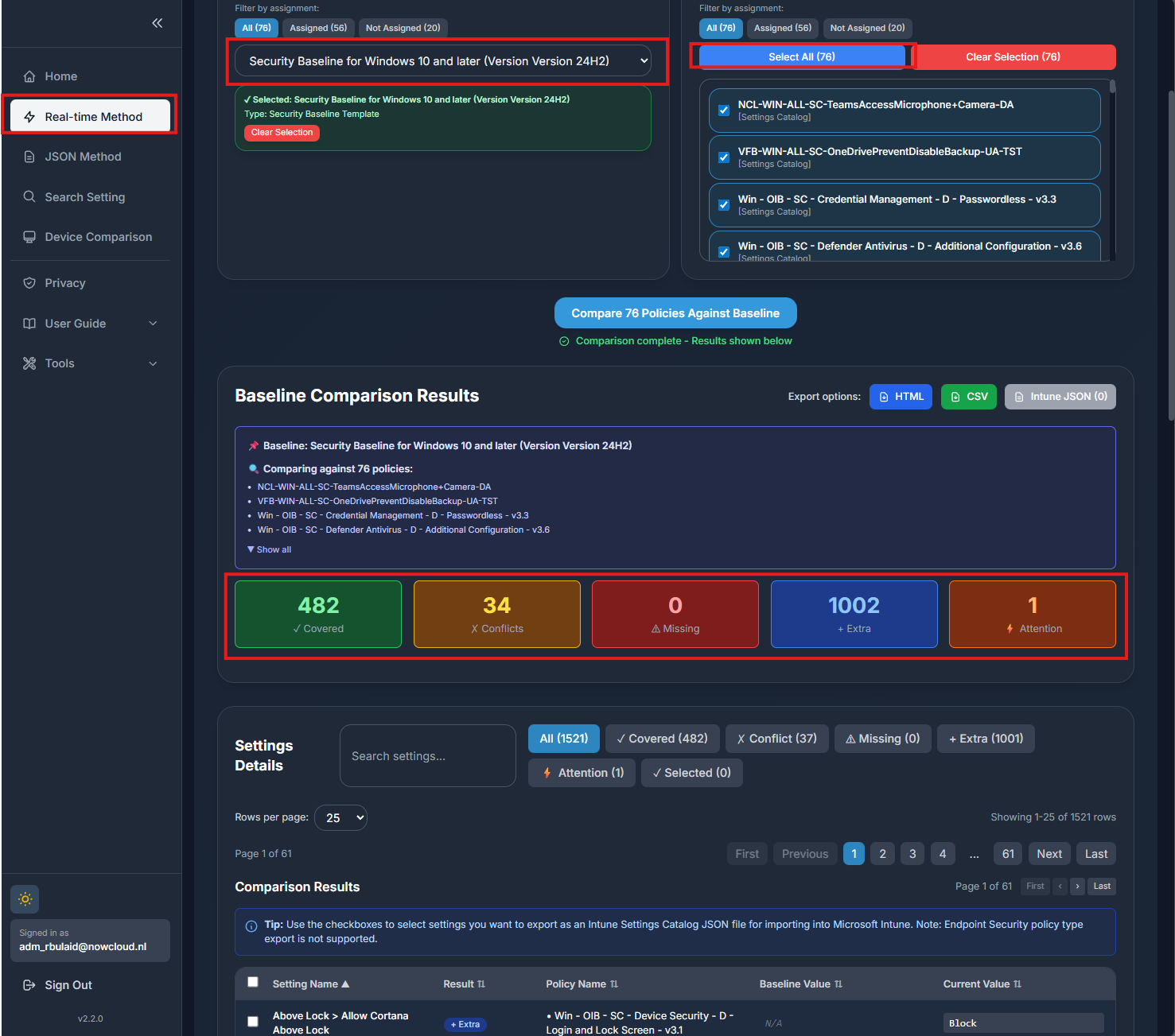 IntuneDiff baseline comparison results showing covered, conflicting, missing and extra settings