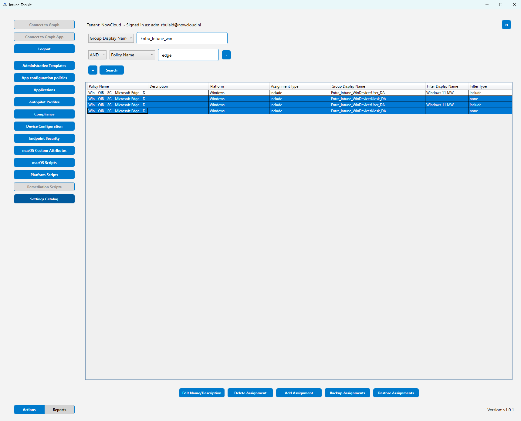 IntuneToolkit searching Intune policy assignments by group display name and policy name