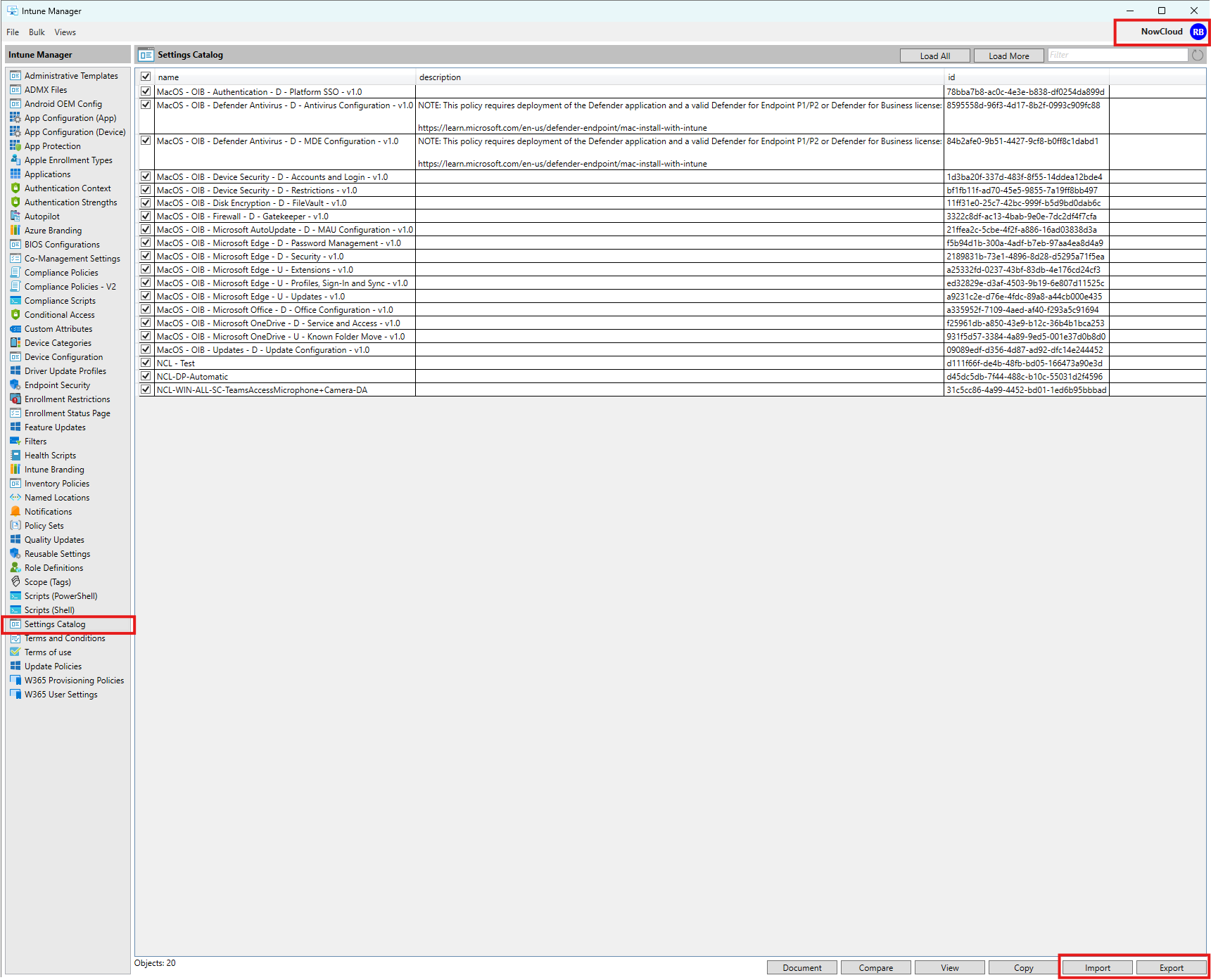 IntuneManagement tool listing Settings Catalog policies with the Import and Export buttons highlighted