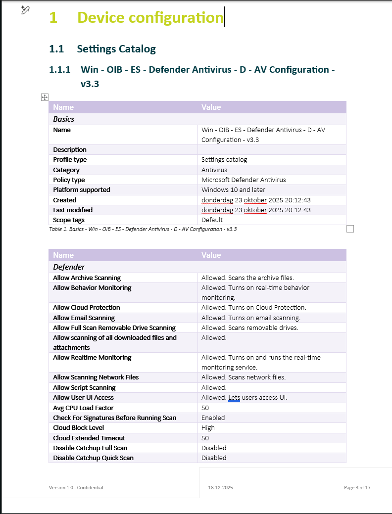 Word document generated by IntuneManagement documenting a Defender Antivirus Settings Catalog policy