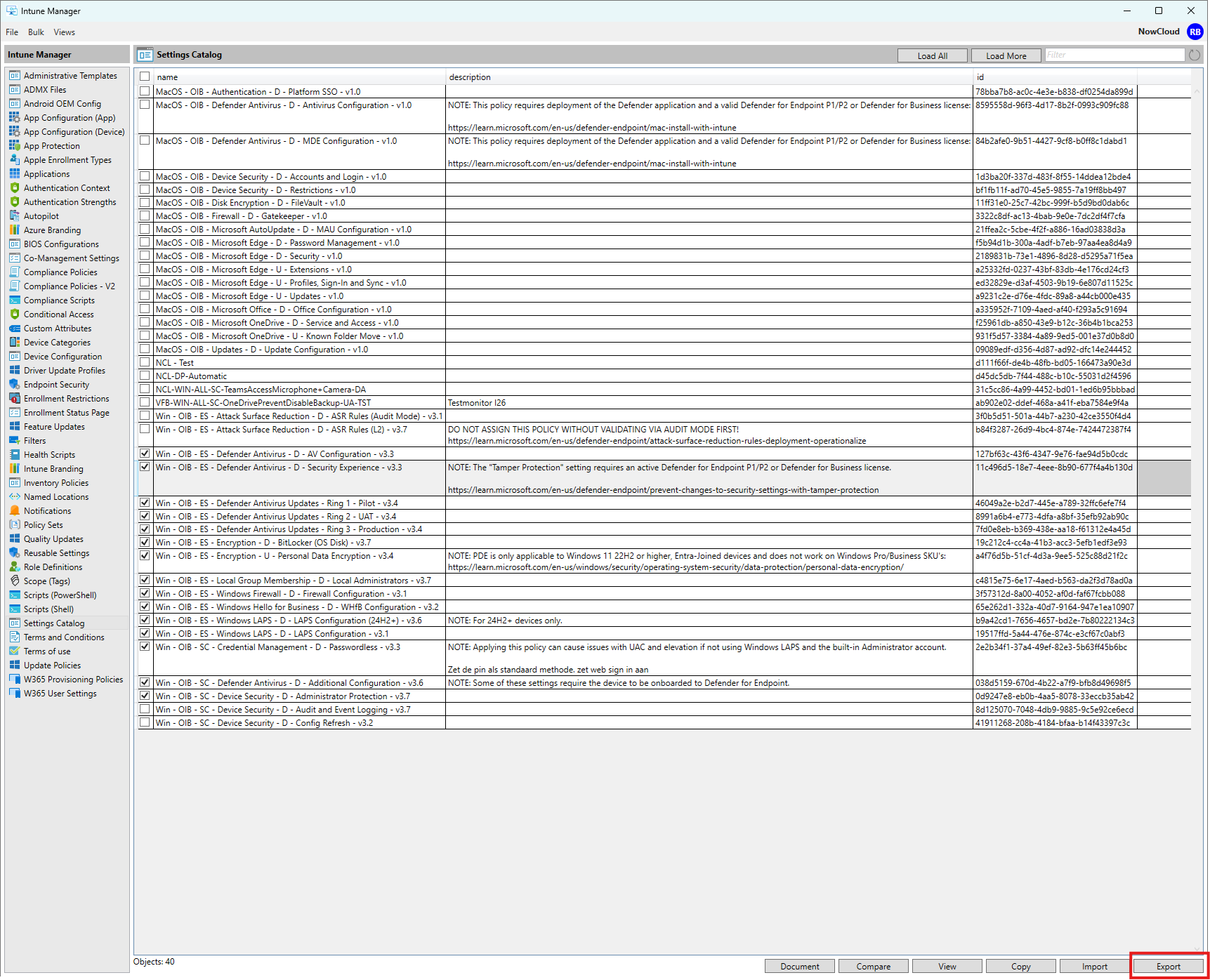 IntuneManagement Settings Catalog policies selected for export and documentation
