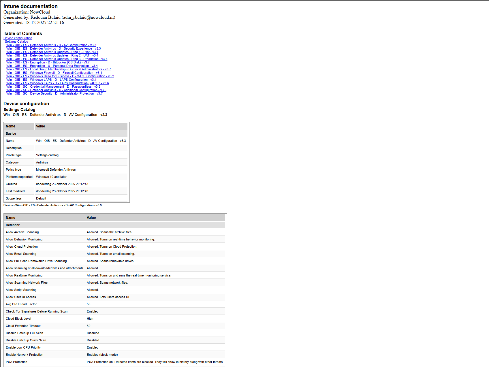 HTML Intune documentation report with a table of contents and policy settings