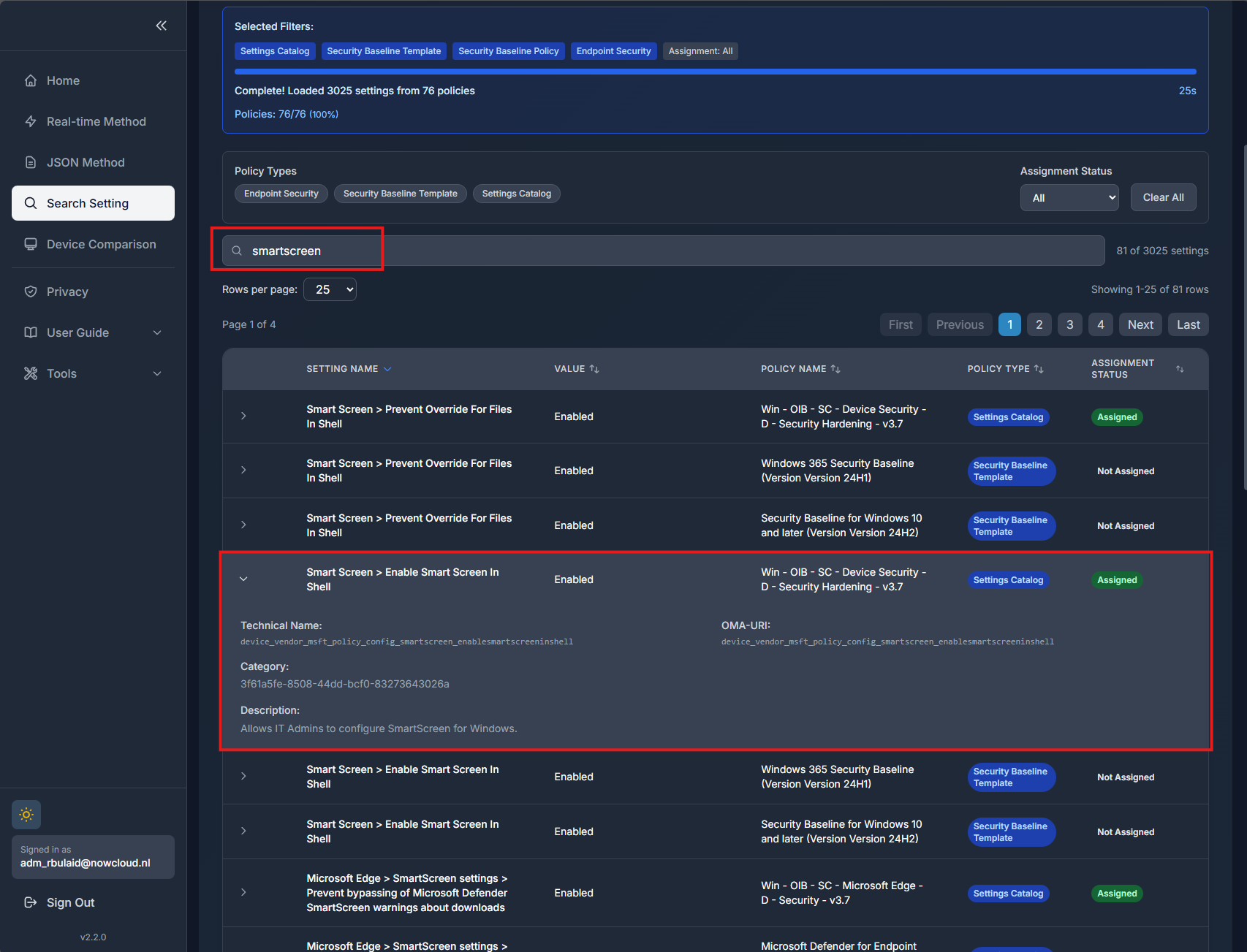 IntuneDiff search results showing where the SmartScreen setting is configured across Intune policies